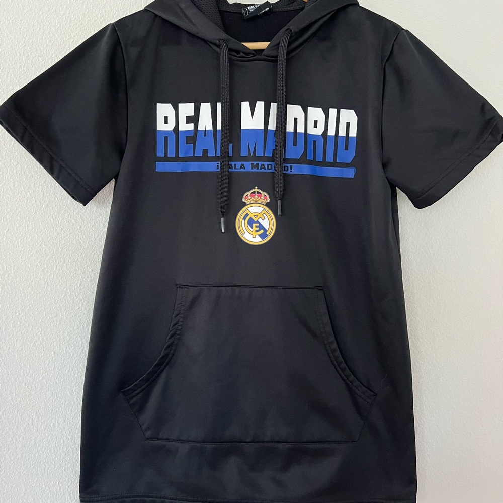 Real Madrid Short Sleeve Hoodie Light Fleeced Interior with Front Pouch